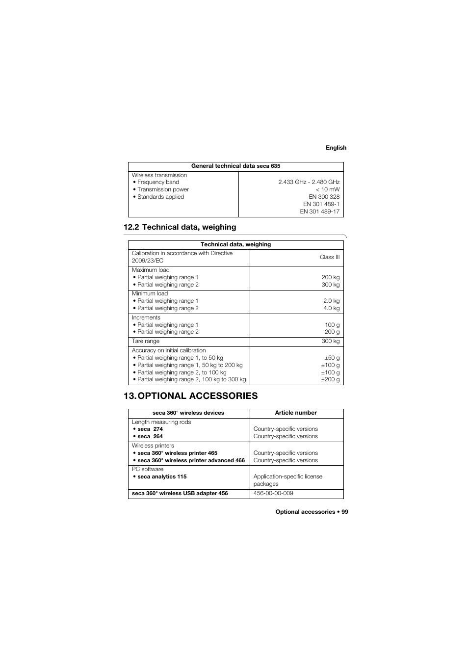 2 technical data, weighing, Optional accessories | Seca 635 User Manual | Page 99 / 369