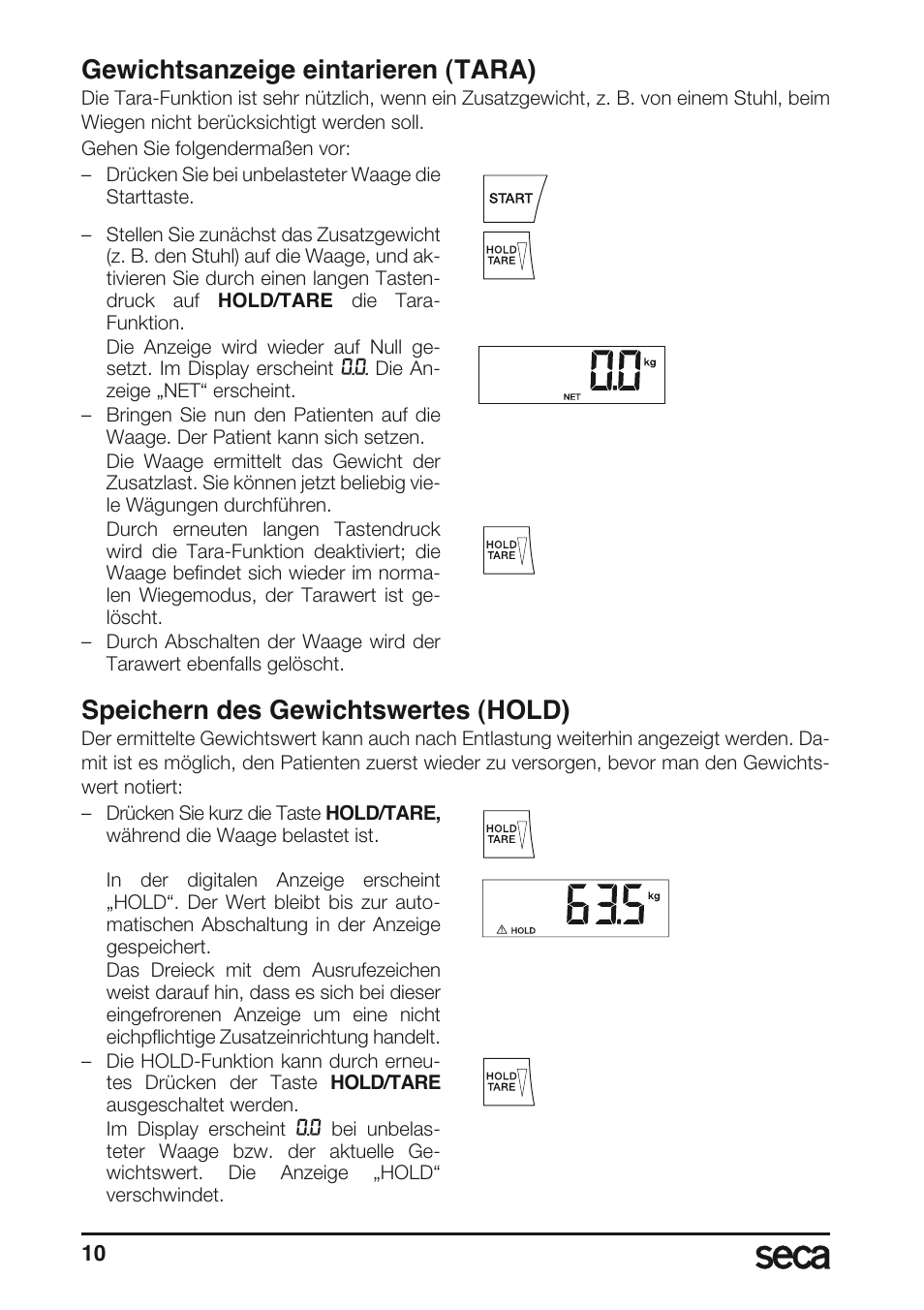 Gewichtsanzeige eintarieren (tara), Speichern des gewichtswertes (hold) | Seca 635 User Manual | Page 10 / 188