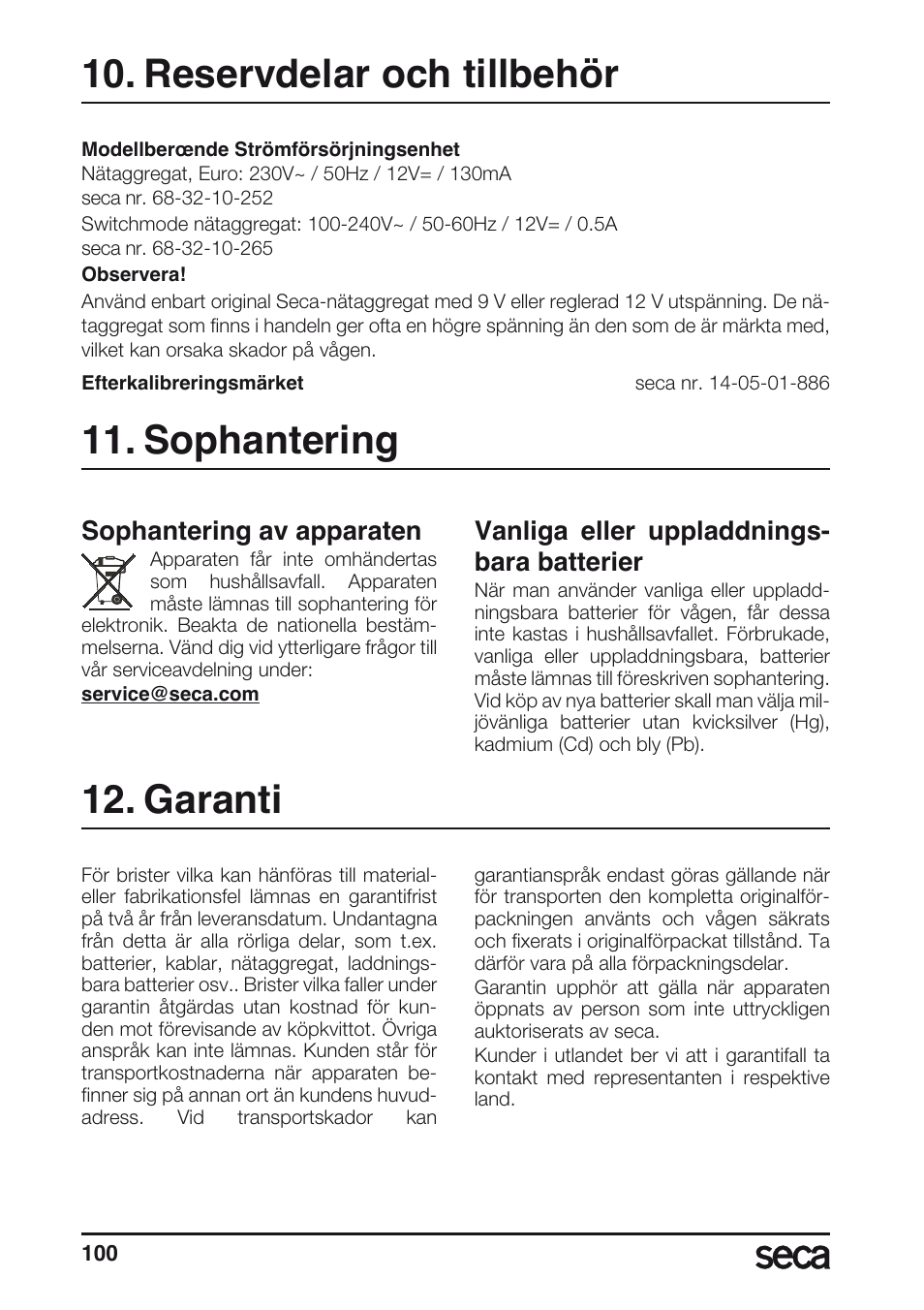 Sophantering, Batterierna, Garanti | Reservdelar och tillbehör, Sophantering av apparaten, Vanliga eller uppladdnings- bara batterier | Seca 635 User Manual | Page 100 / 188