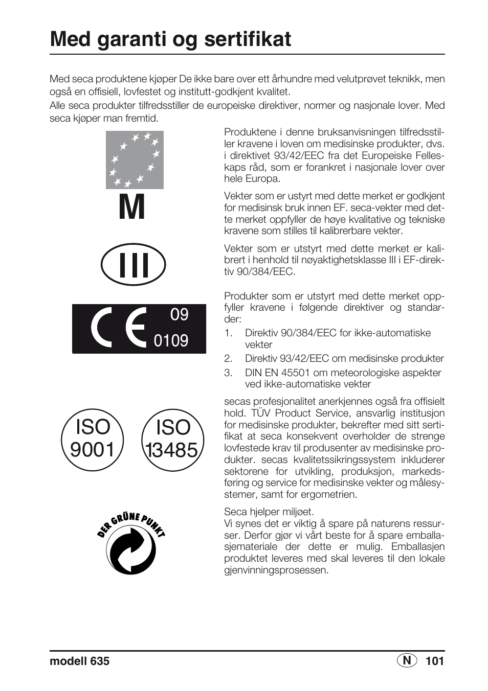 Norsk, Med garanti og sertifikat | Seca 635 User Manual | Page 101 / 188