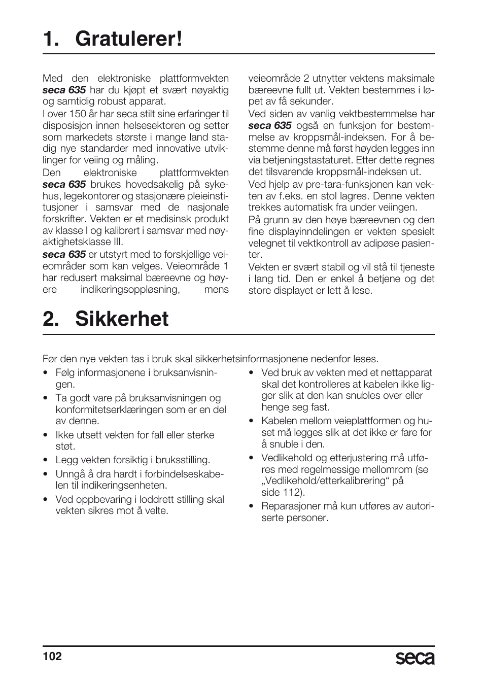 Gratulerer, Sikkerhet | Seca 635 User Manual | Page 102 / 188