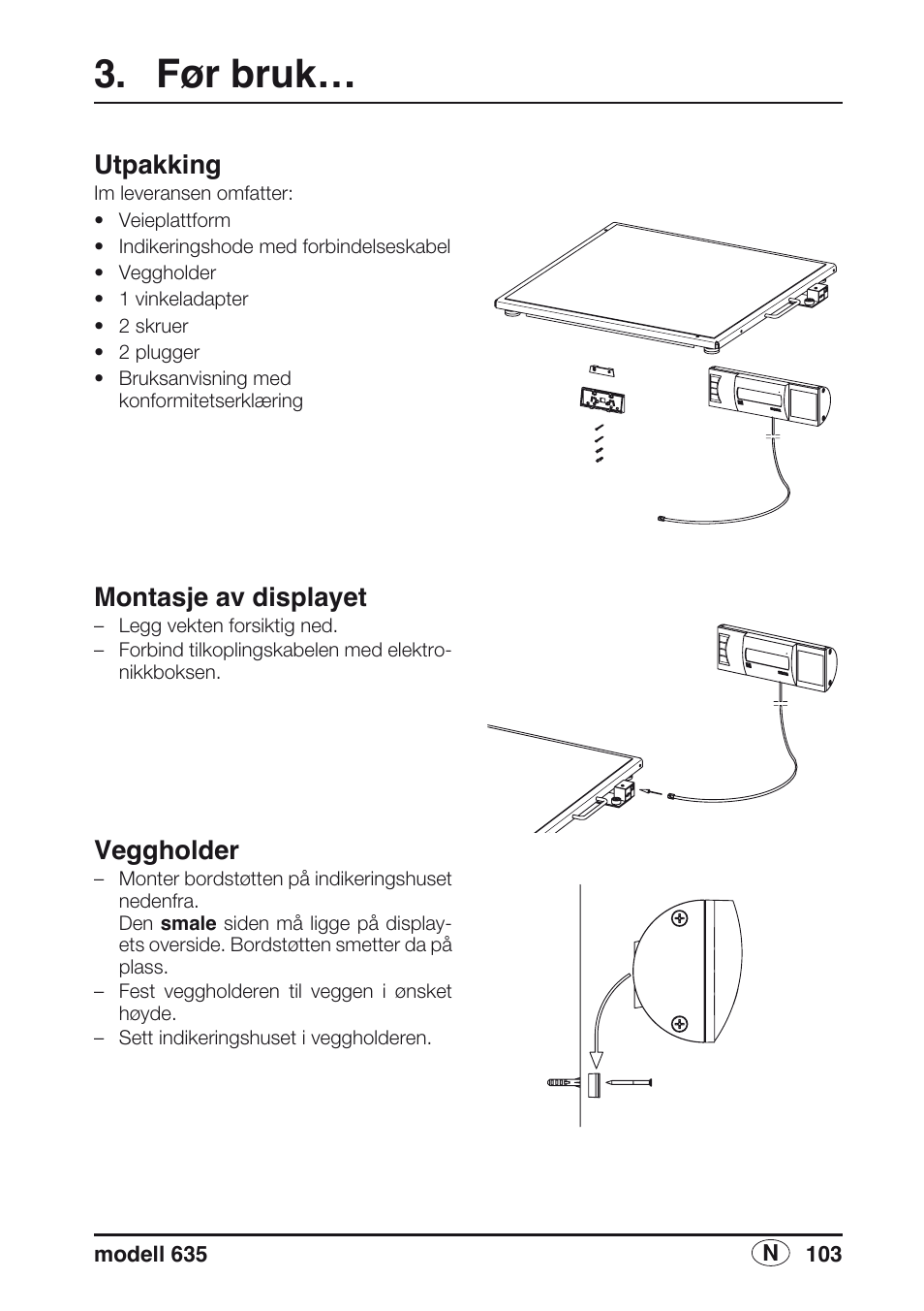 Før bruk, Utpakking, Montasje av displayet | Veggholder | Seca 635 User Manual | Page 103 / 188