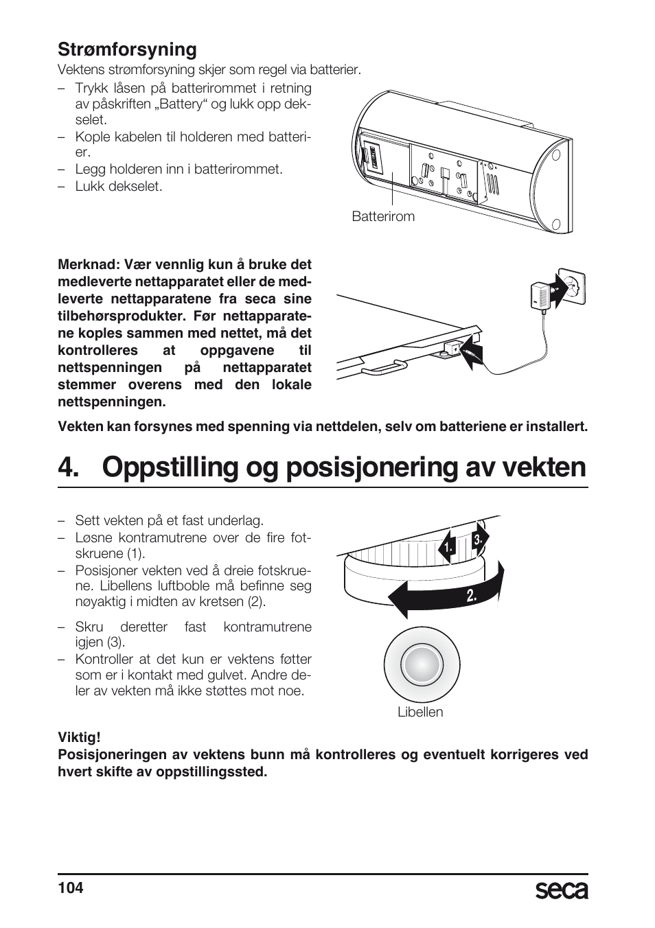 Oppstilling og posisjonering av vekten, Strømforsyning, Libelle | Seca 635 User Manual | Page 104 / 188