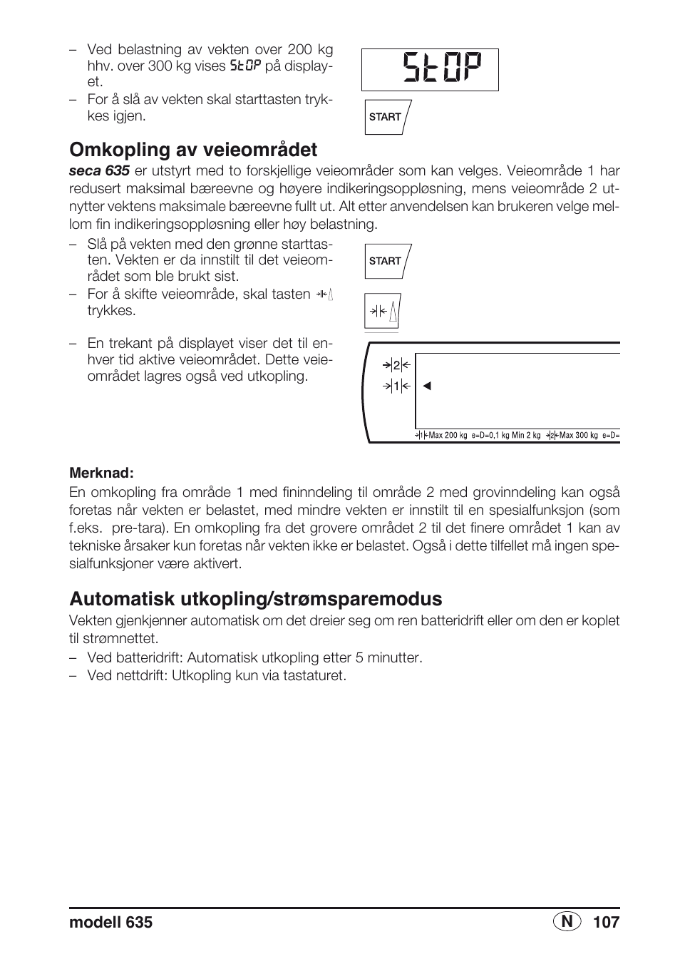 Omkopling av veieområdet, Automatisk utkopling/strømsparemodus | Seca 635 User Manual | Page 107 / 188