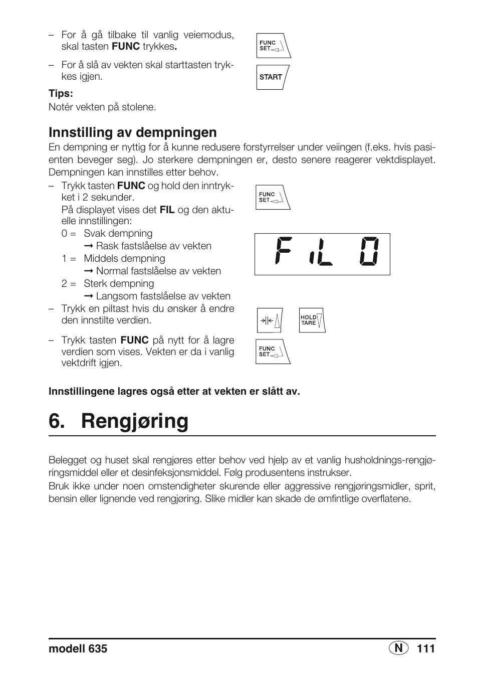 Innstilling av dempningen, Rengjøring | Seca 635 User Manual | Page 111 / 188