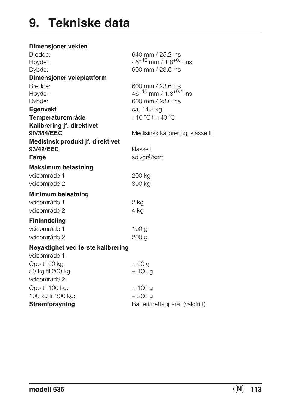Tekniske data | Seca 635 User Manual | Page 113 / 188