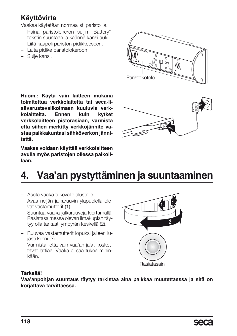 Vaa’an pystyttäminen ja suuntaaminen, Käyttövirta, Libelle | Seca 635 User Manual | Page 118 / 188