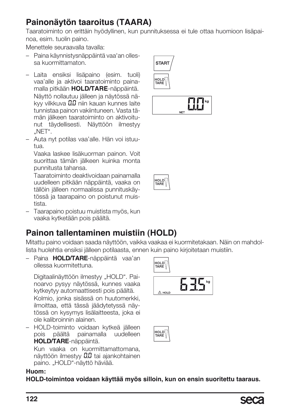 Painonäytön taaroitus (taara), Painon tallentaminen muistiin (hold) | Seca 635 User Manual | Page 122 / 188