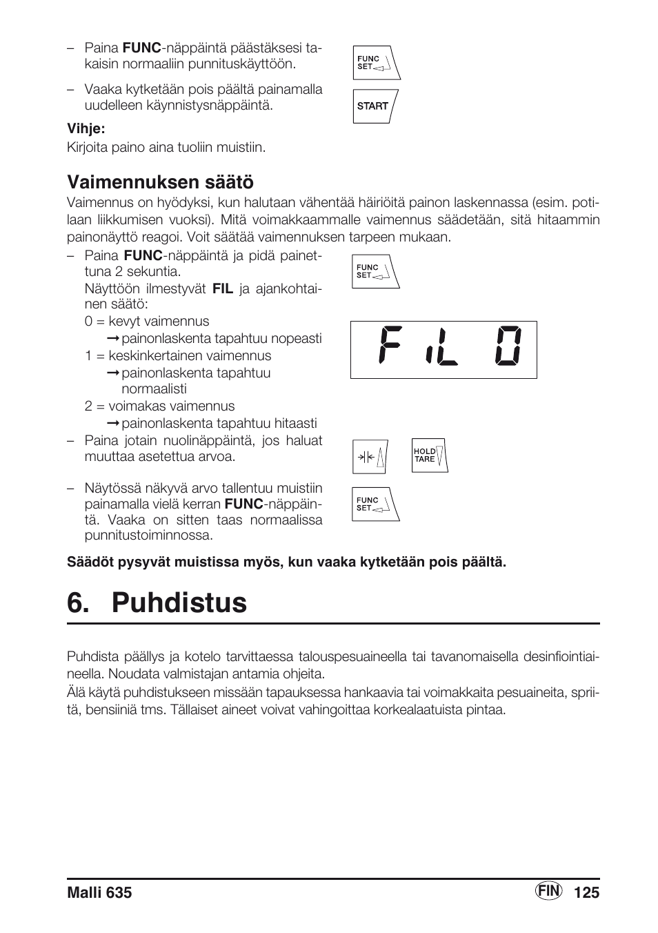 Vaimennuksen säätö, Puhdistus | Seca 635 User Manual | Page 125 / 188