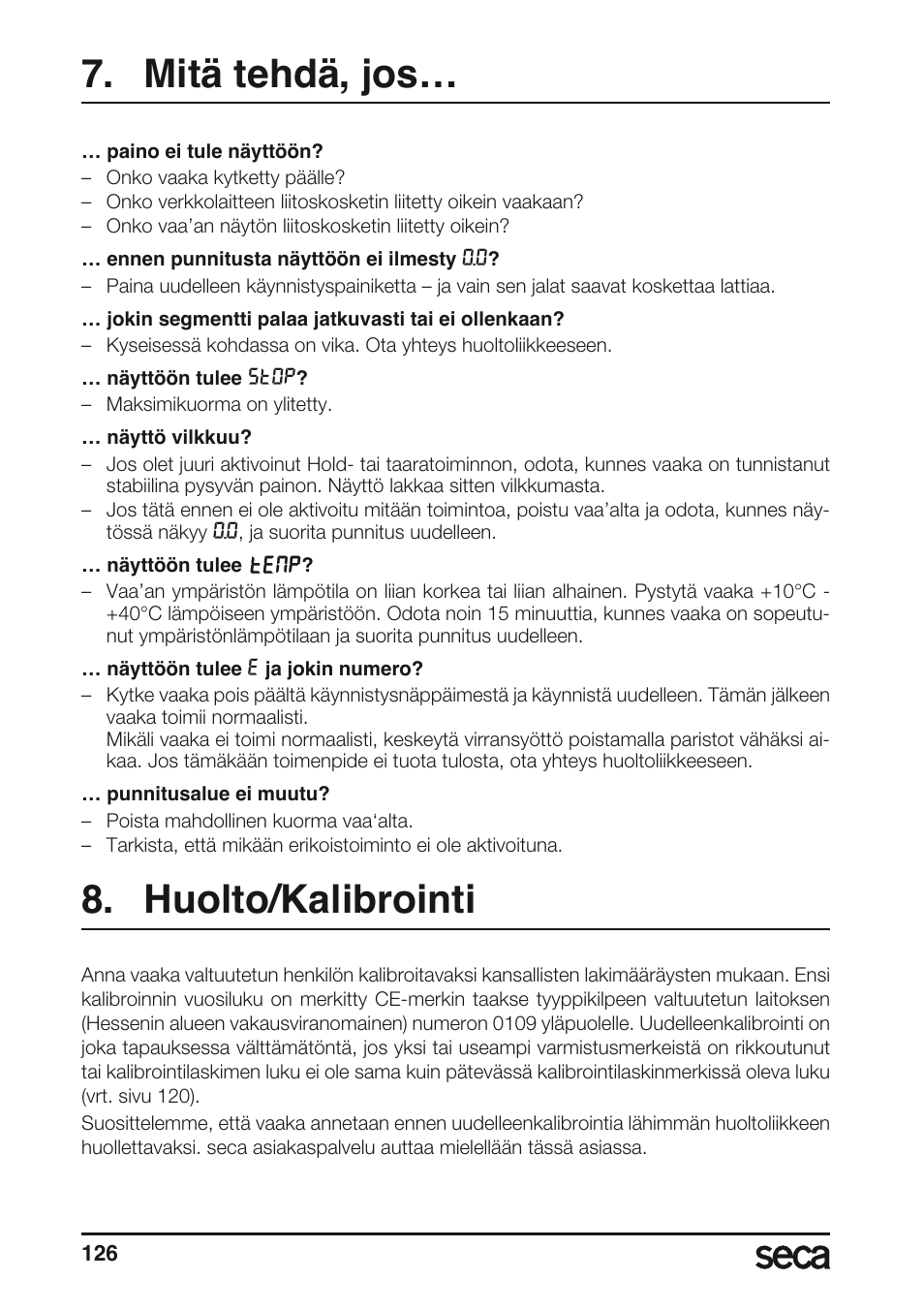 Mitä tehdä, jos, Huolto/kalibrointi | Seca 635 User Manual | Page 126 / 188