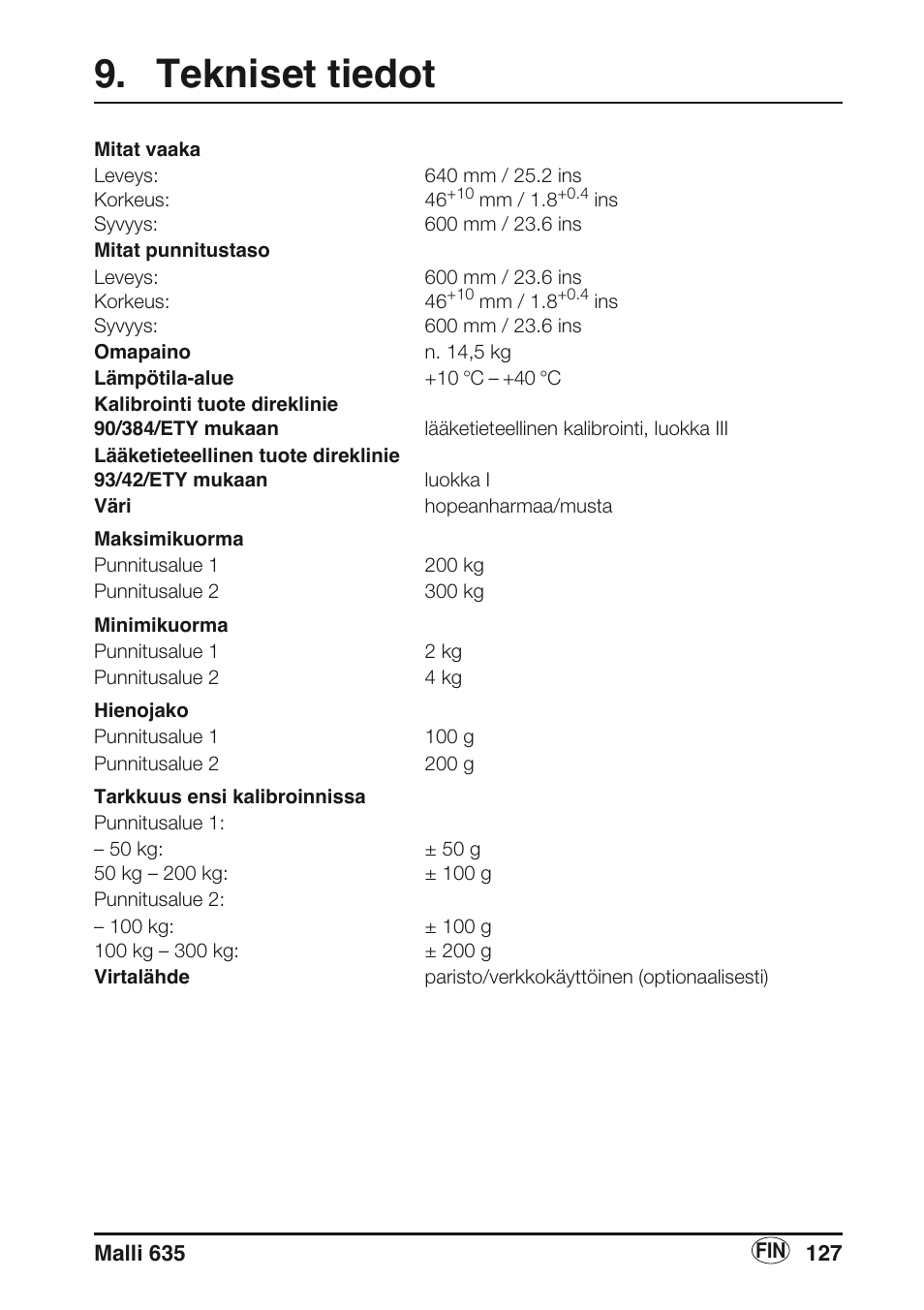 Tekniset tiedot | Seca 635 User Manual | Page 127 / 188