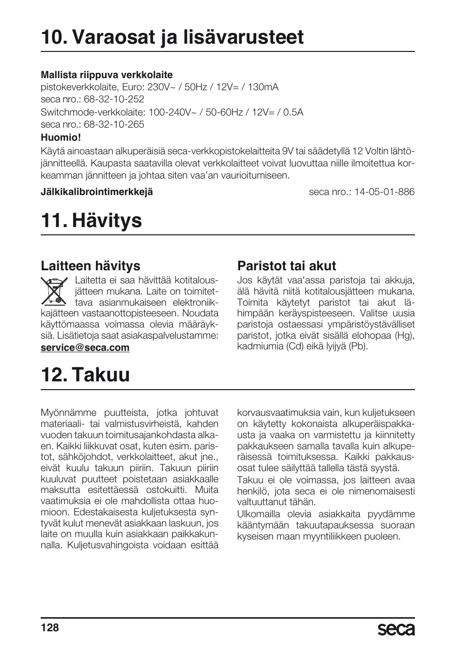 Hävitys, Paristot, Takuu | Varaosat ja lisävarusteet, Laitteen hävitys, Paristot tai akut | Seca 635 User Manual | Page 128 / 188