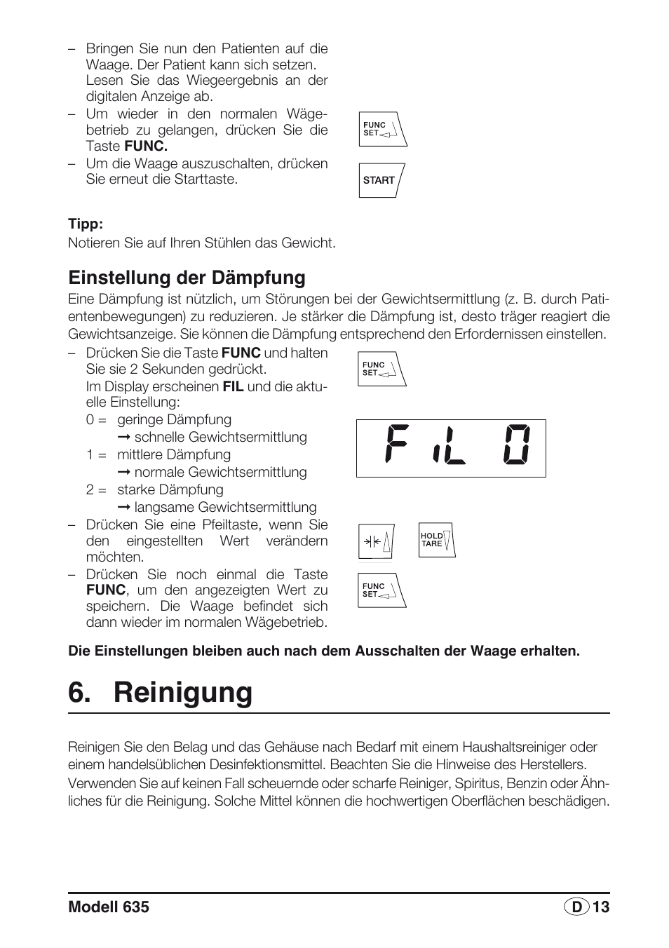 Einstellung der dämpfung, Reinigung | Seca 635 User Manual | Page 13 / 188