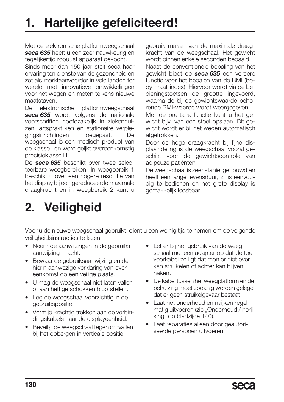 Hartelijke gefeliciteerd, Veiligheid | Seca 635 User Manual | Page 130 / 188