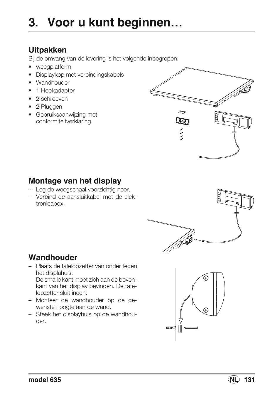 Voor u kunt beginnen, Uitpakken, Montage van het display | Wandhouder | Seca 635 User Manual | Page 131 / 188