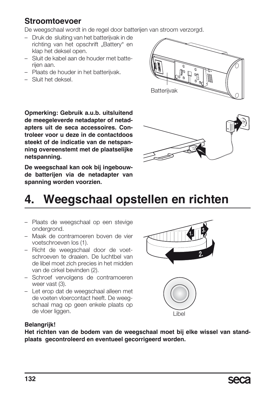 Weegschaal opstellen en richten, Stroomtoevoer, Libelle | Seca 635 User Manual | Page 132 / 188