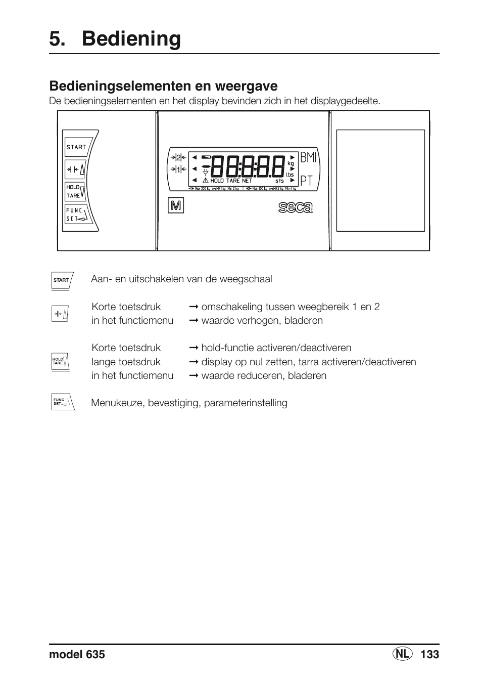 Bediening, Bedieningselementen en weergave | Seca 635 User Manual | Page 133 / 188