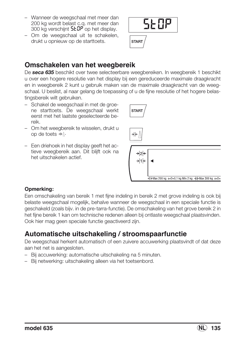 Omschakelen van het weegbereik, Automatische uitschakeling / stroomspaarfunctie | Seca 635 User Manual | Page 135 / 188