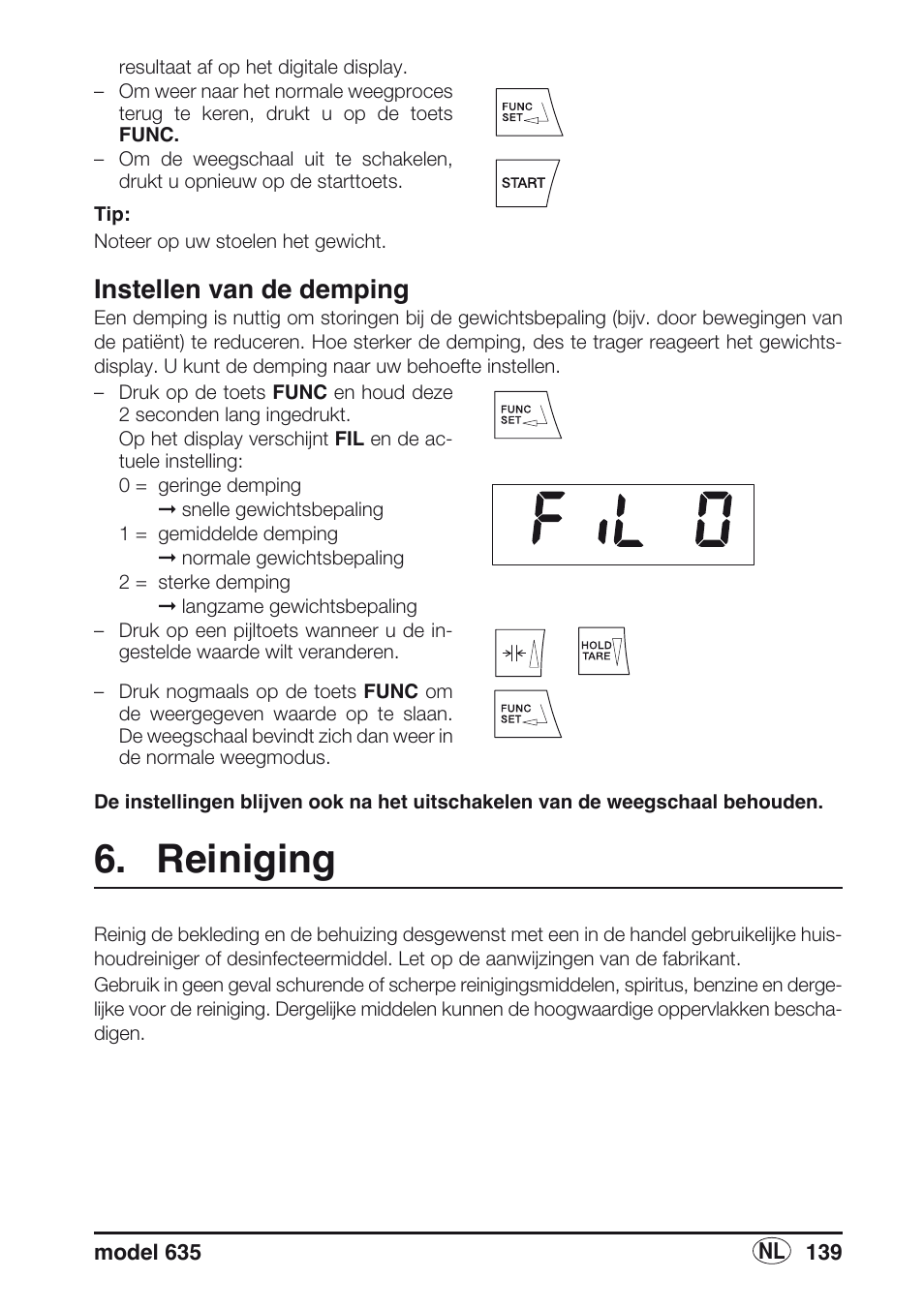 Instellen van de demping, Reiniging | Seca 635 User Manual | Page 139 / 188