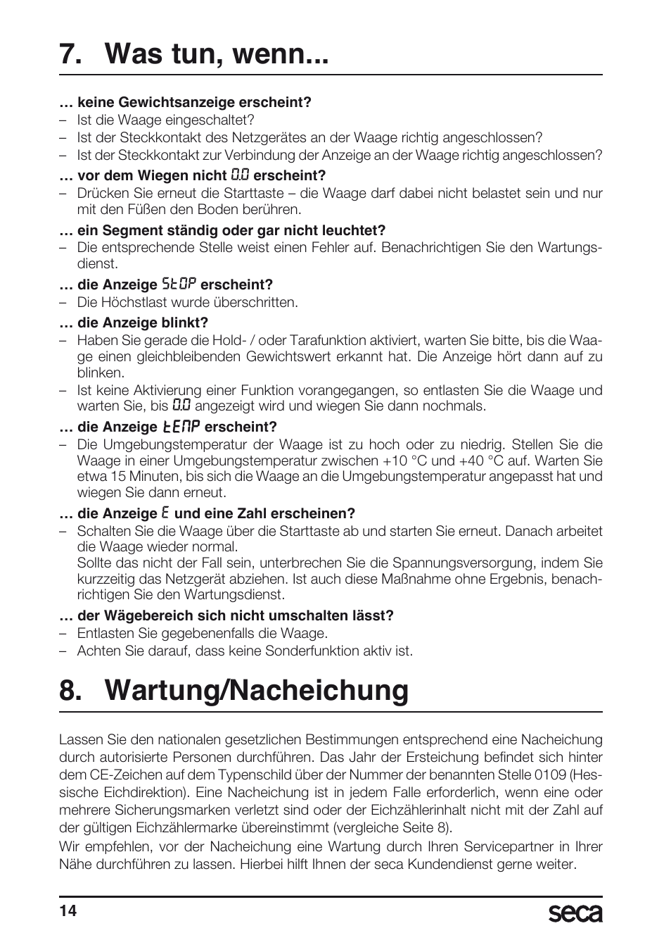 Was tun, wenn, Wartung/nacheichung | Seca 635 User Manual | Page 14 / 188