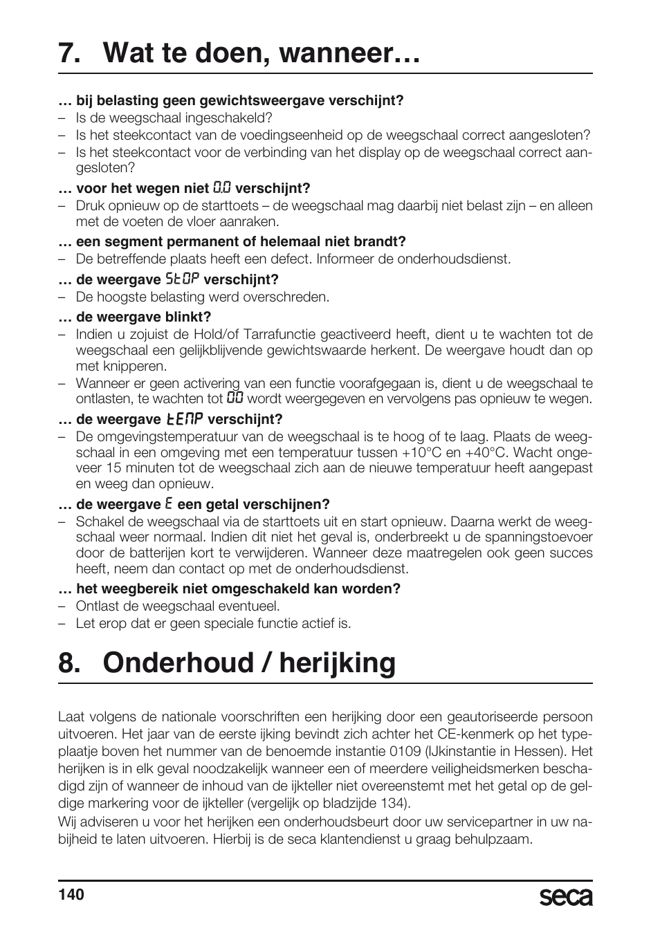 Wat te doen, wanneer, Onderhoud / herijking | Seca 635 User Manual | Page 140 / 188