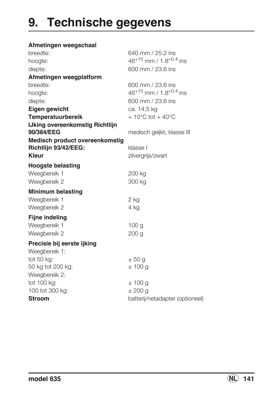 Technische gegevens | Seca 635 User Manual | Page 141 / 188