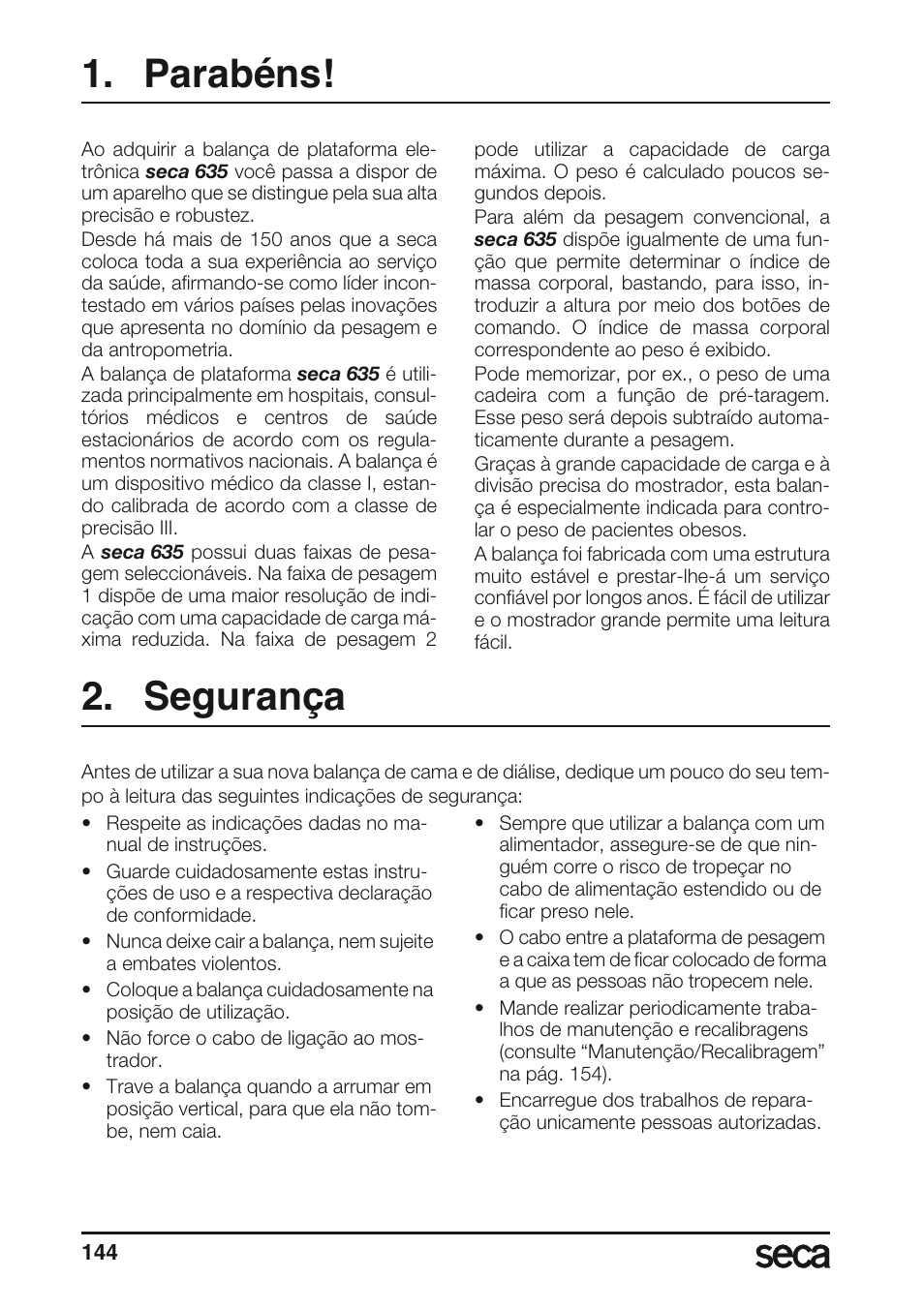 Parabéns, Segurança | Seca 635 User Manual | Page 144 / 188