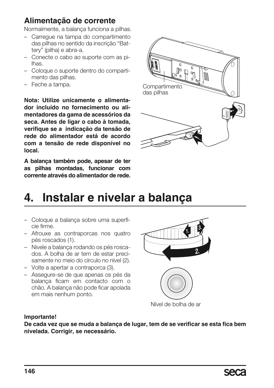 Instalar e nivelar a balança, Alimentação de corrente, Libelle | Seca 635 User Manual | Page 146 / 188