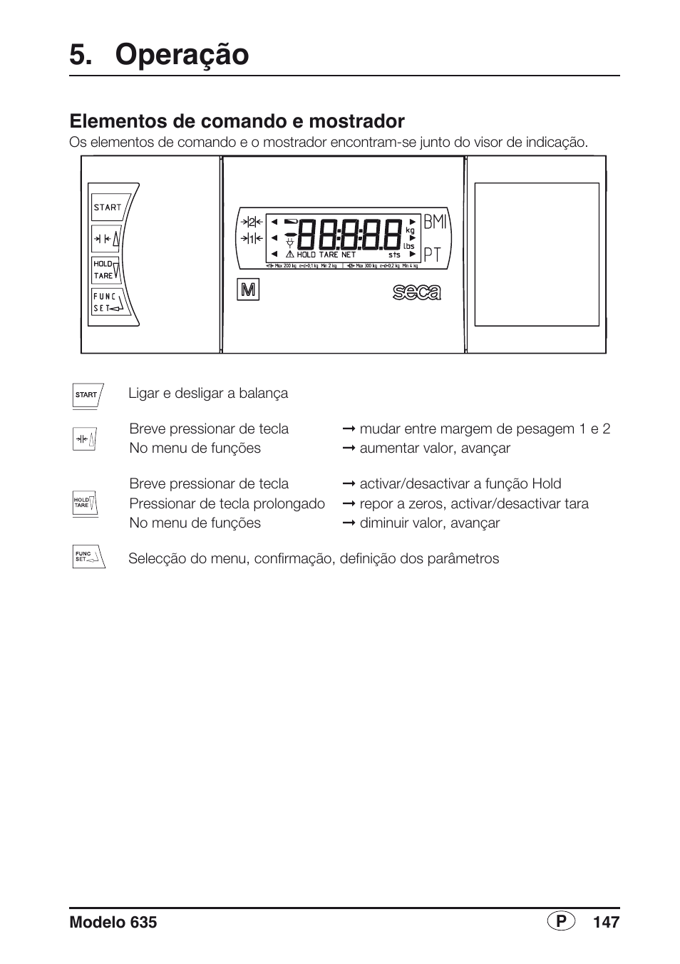 Operação, Elementos de comando e mostrador | Seca 635 User Manual | Page 147 / 188