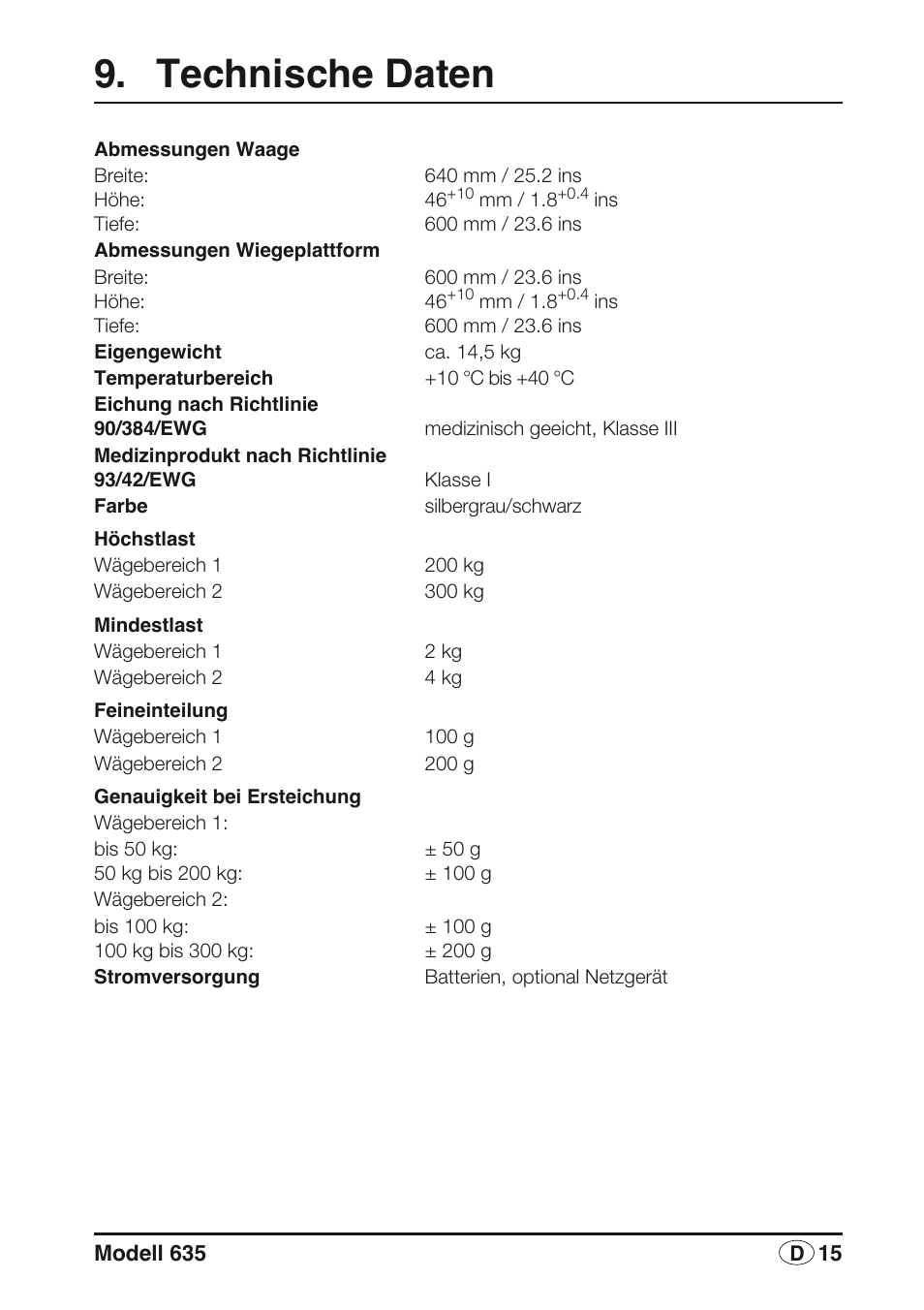 Technische daten | Seca 635 User Manual | Page 15 / 188