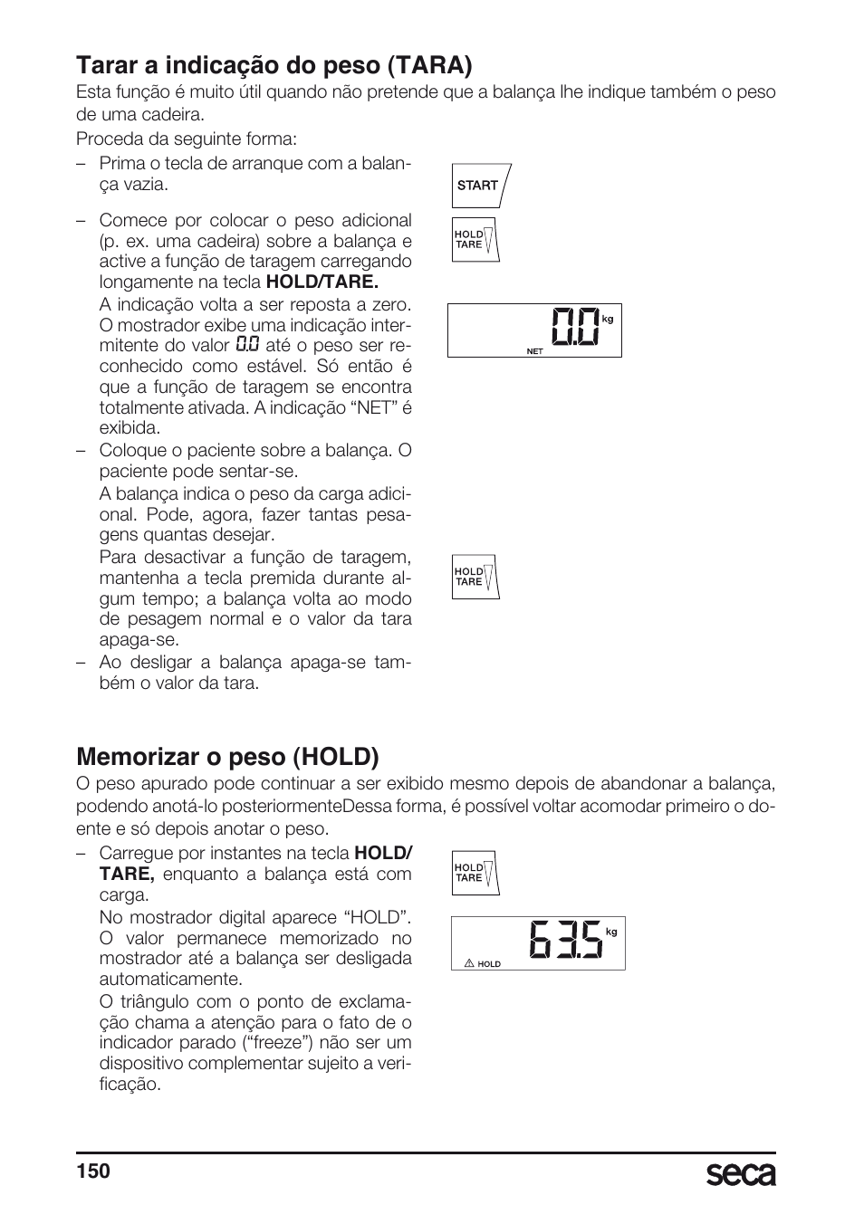 Tarar a indicação do peso (tara), Memorizar o peso (hold) | Seca 635 User Manual | Page 150 / 188