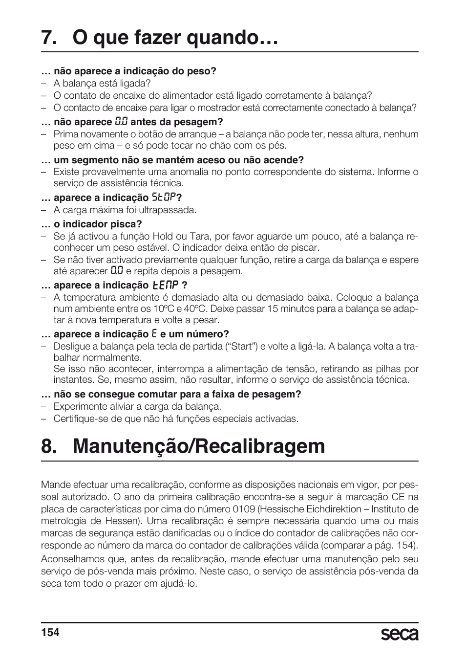 O que fazer quando, Manutenção/recalibragem | Seca 635 User Manual | Page 154 / 188