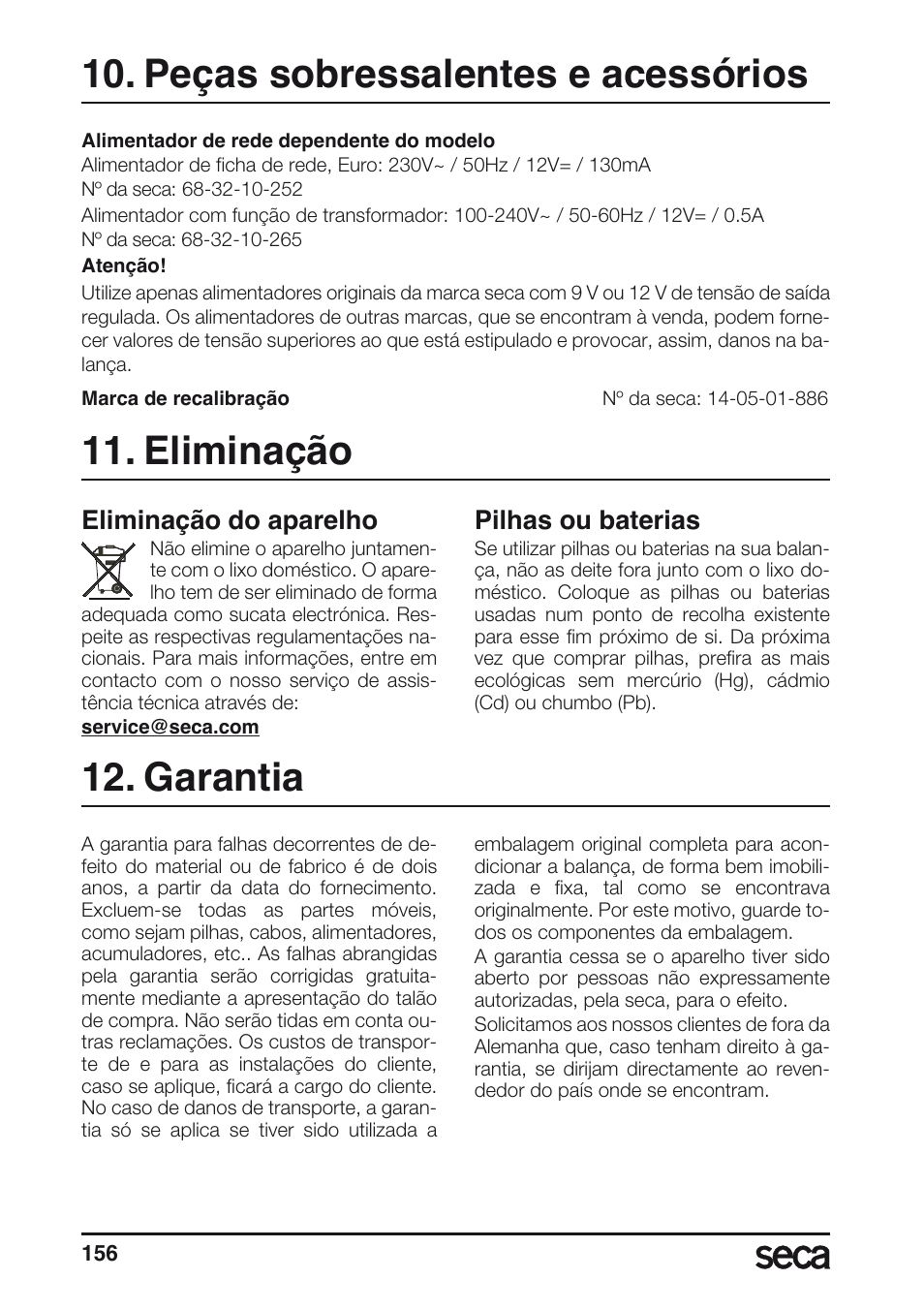 Peças sobressalentes e acessórios, Eliminação, Eliminação do aparelho | Pilhas, Garantia, Pilhas ou baterias | Seca 635 User Manual | Page 156 / 188