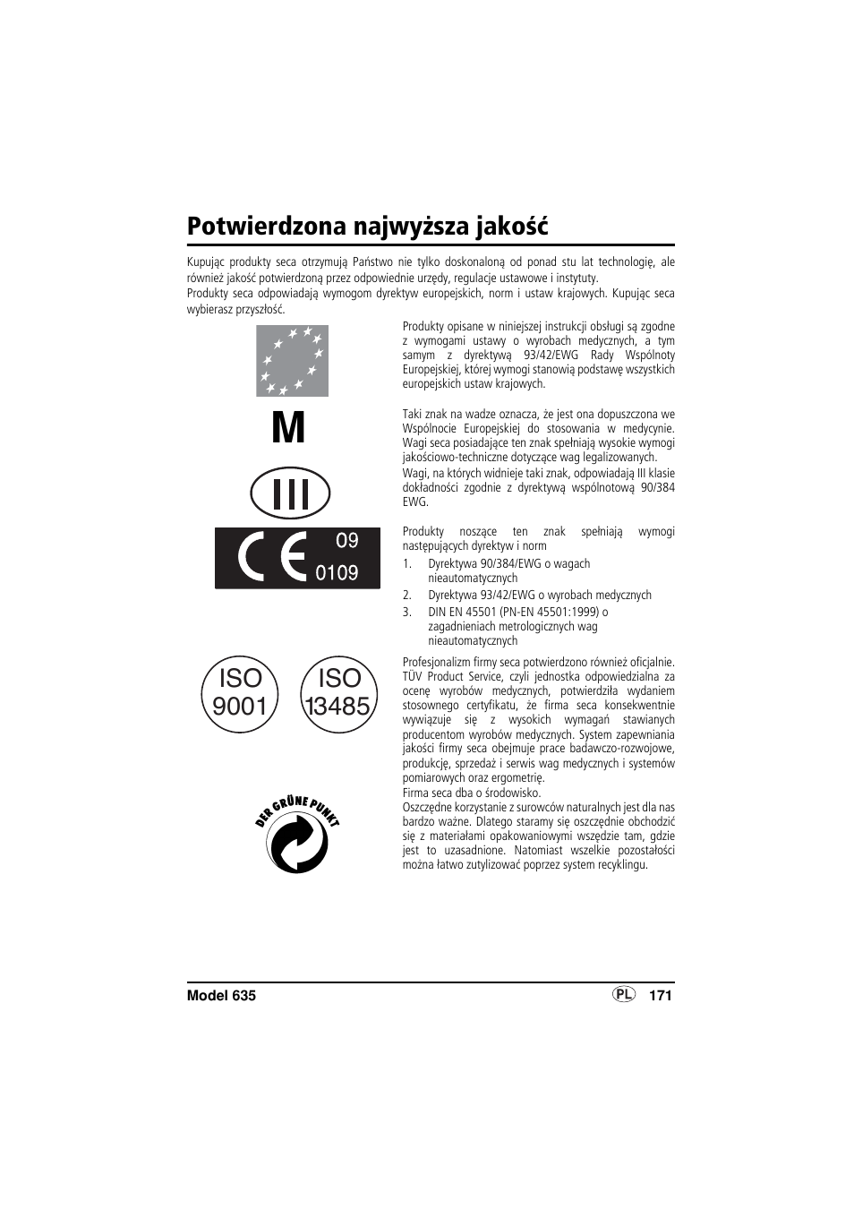 Polski, Potwierdzona najwyższa jakość | Seca 635 User Manual | Page 171 / 188