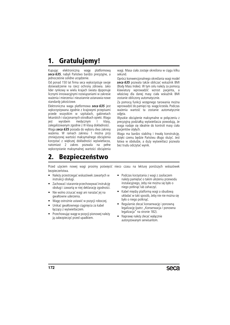 Gratulujemy, Bezpieczeństwo | Seca 635 User Manual | Page 172 / 188