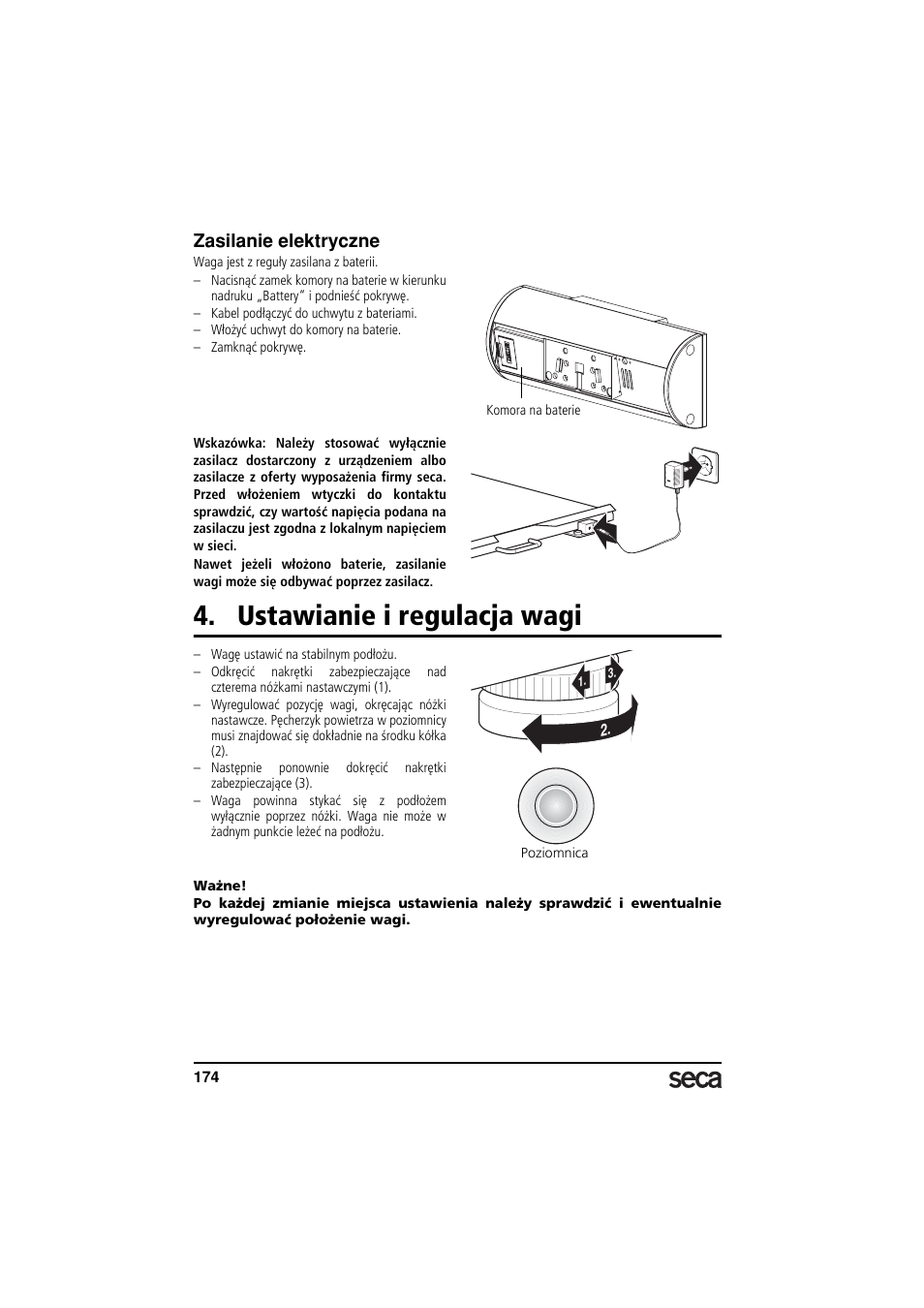 Zasilanie elektryczne, Ustawianie i regulacja wagi, Libelle | Seca 635 User Manual | Page 174 / 188