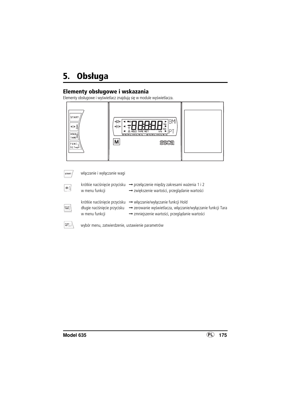 Obsługa, Elementy obsługowe i wskazania | Seca 635 User Manual | Page 175 / 188