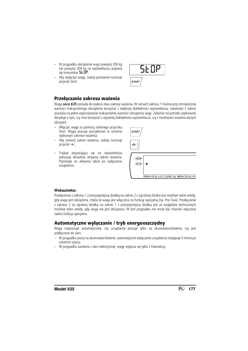 Przełączanie zakresu ważenia, Automatyczne wyłączanie / tryb energooszczędny | Seca 635 User Manual | Page 177 / 188
