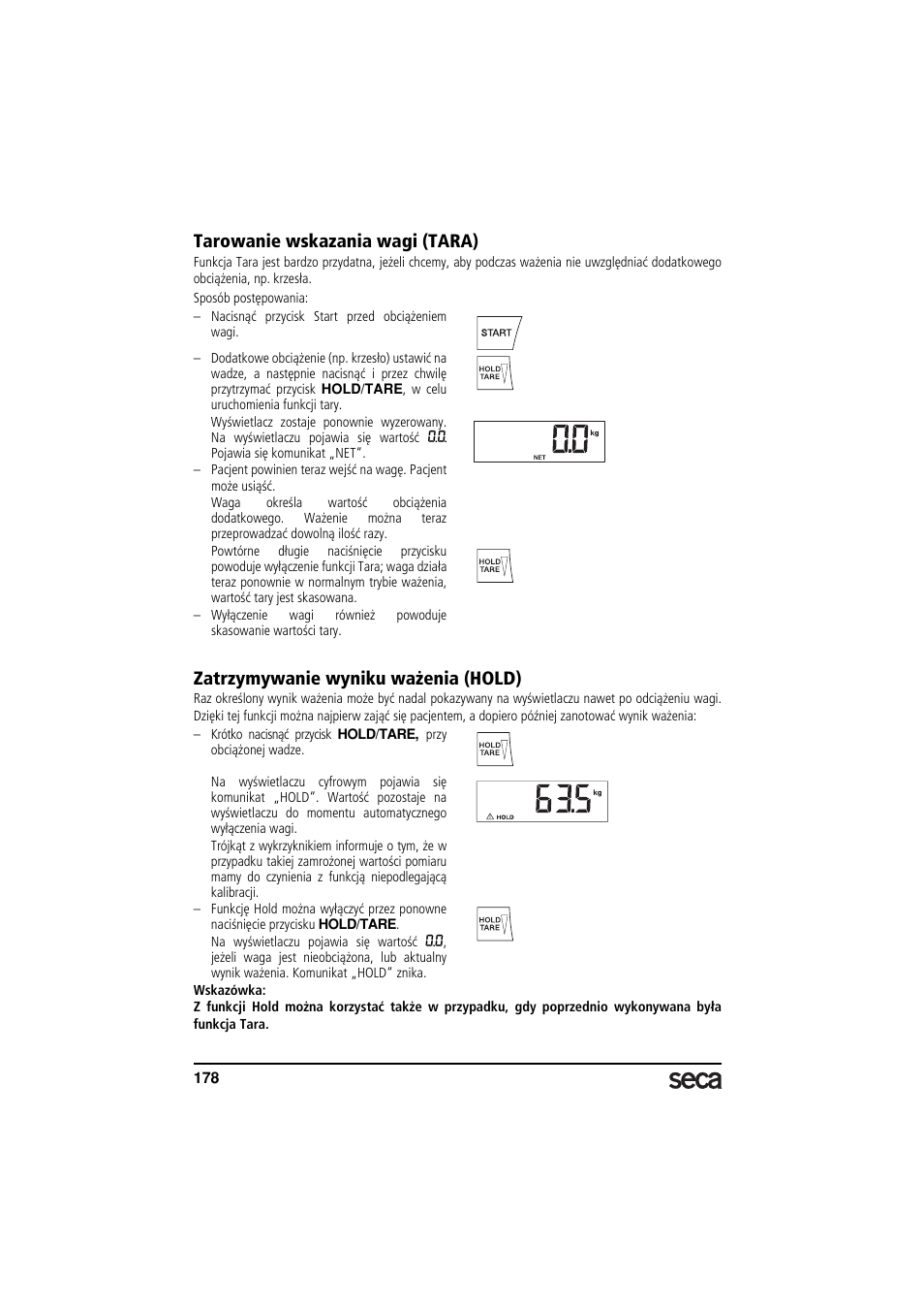 Tarowanie wskazania wagi (tara), Zatrzymywanie wyniku ważenia (hold) | Seca 635 User Manual | Page 178 / 188