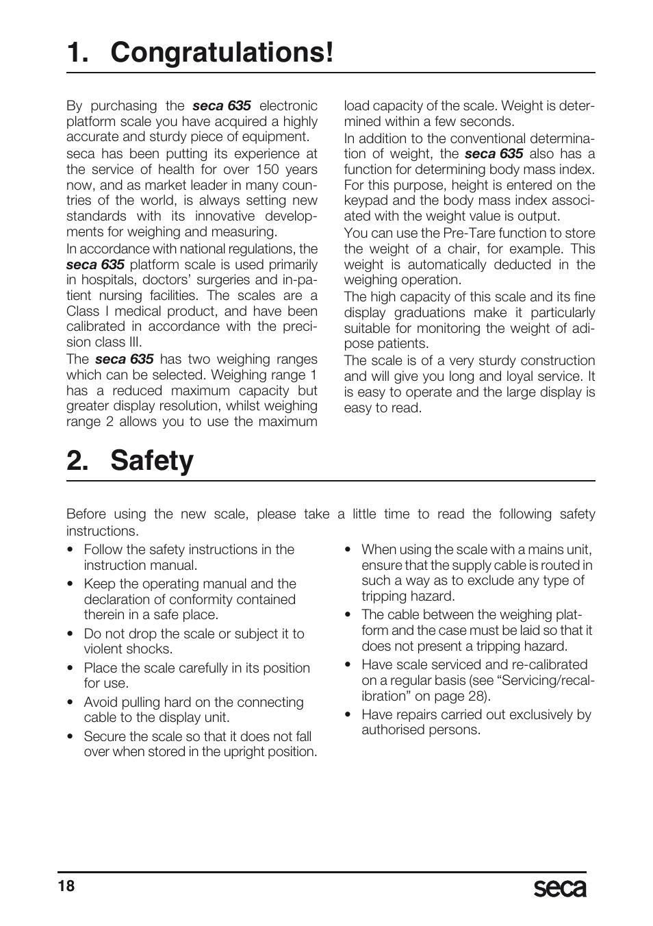 Congratulations, Safety | Seca 635 User Manual | Page 18 / 188
