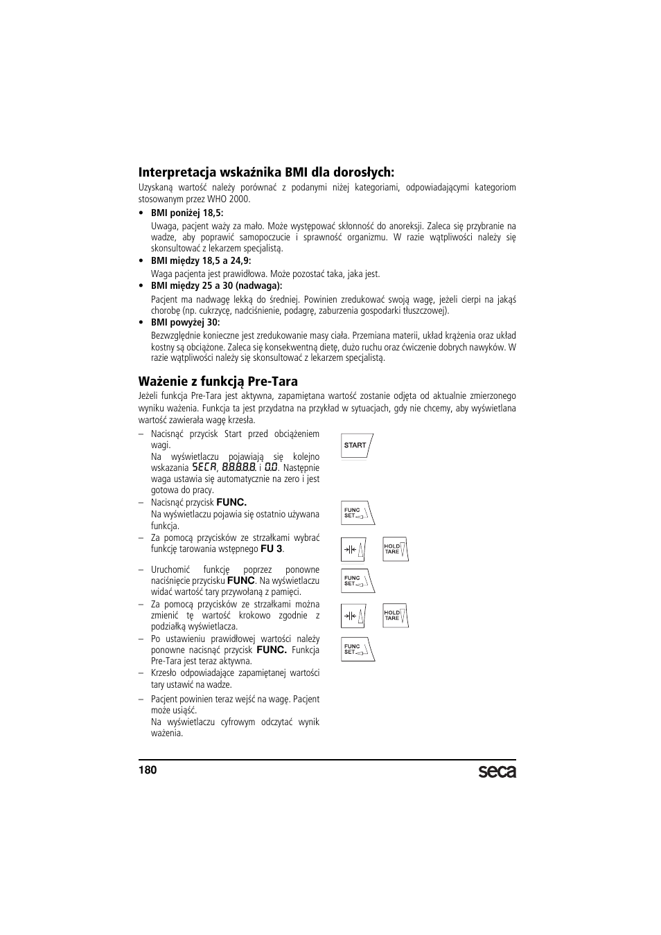 Interpretacja wskaźnika bmi dla dorosłych, Ważenie z funkcją pre-tara | Seca 635 User Manual | Page 180 / 188
