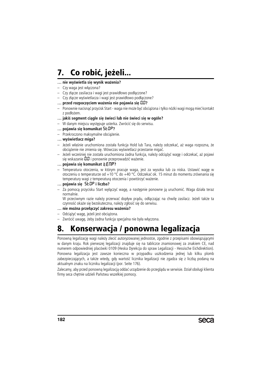 Co robić, jeżeli, Konserwacja / ponowna legalizacja | Seca 635 User Manual | Page 182 / 188