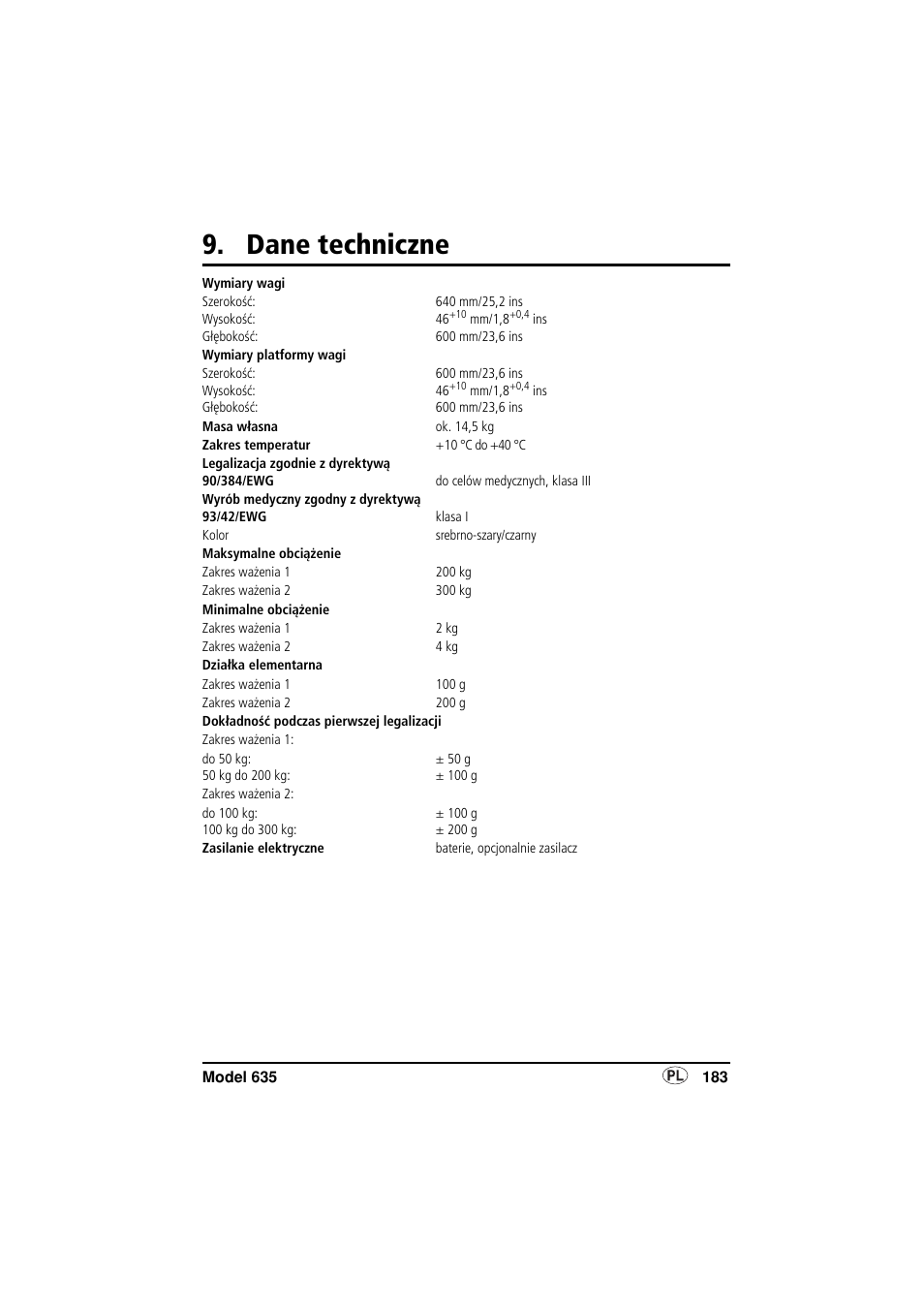 Dane techniczne | Seca 635 User Manual | Page 183 / 188