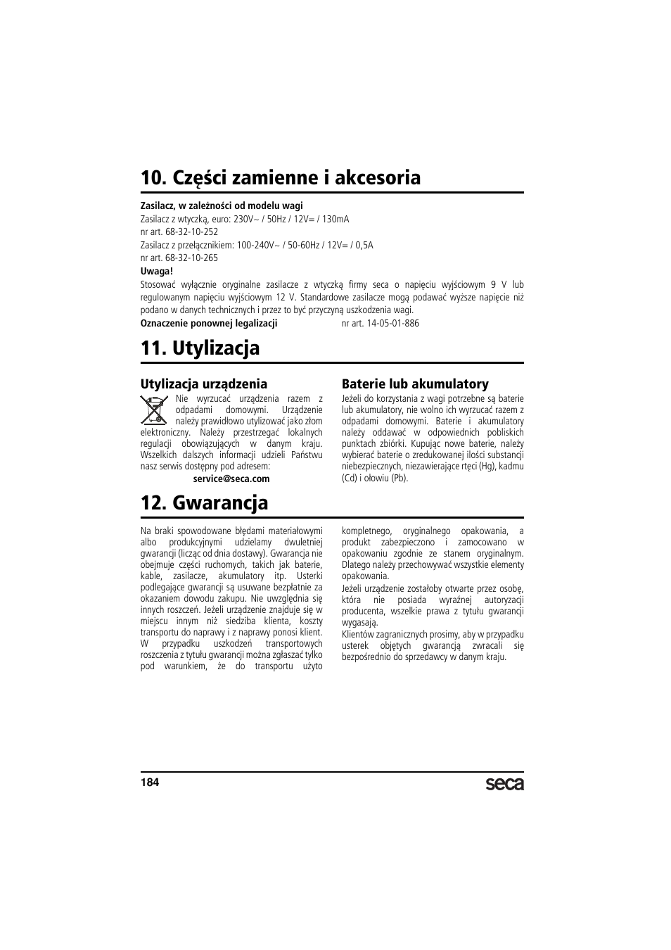 Części zamienne i akcesoria, Utylizacja, Utylizacja urządzenia | Baterie lub akumulatory, Gwarancja | Seca 635 User Manual | Page 184 / 188