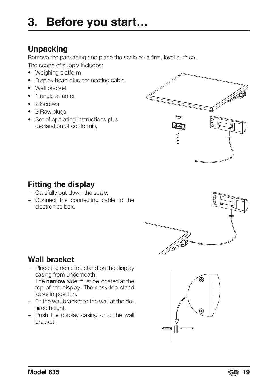 Before you start, Unpacking, Fitting the display | Wall bracket | Seca 635 User Manual | Page 19 / 188