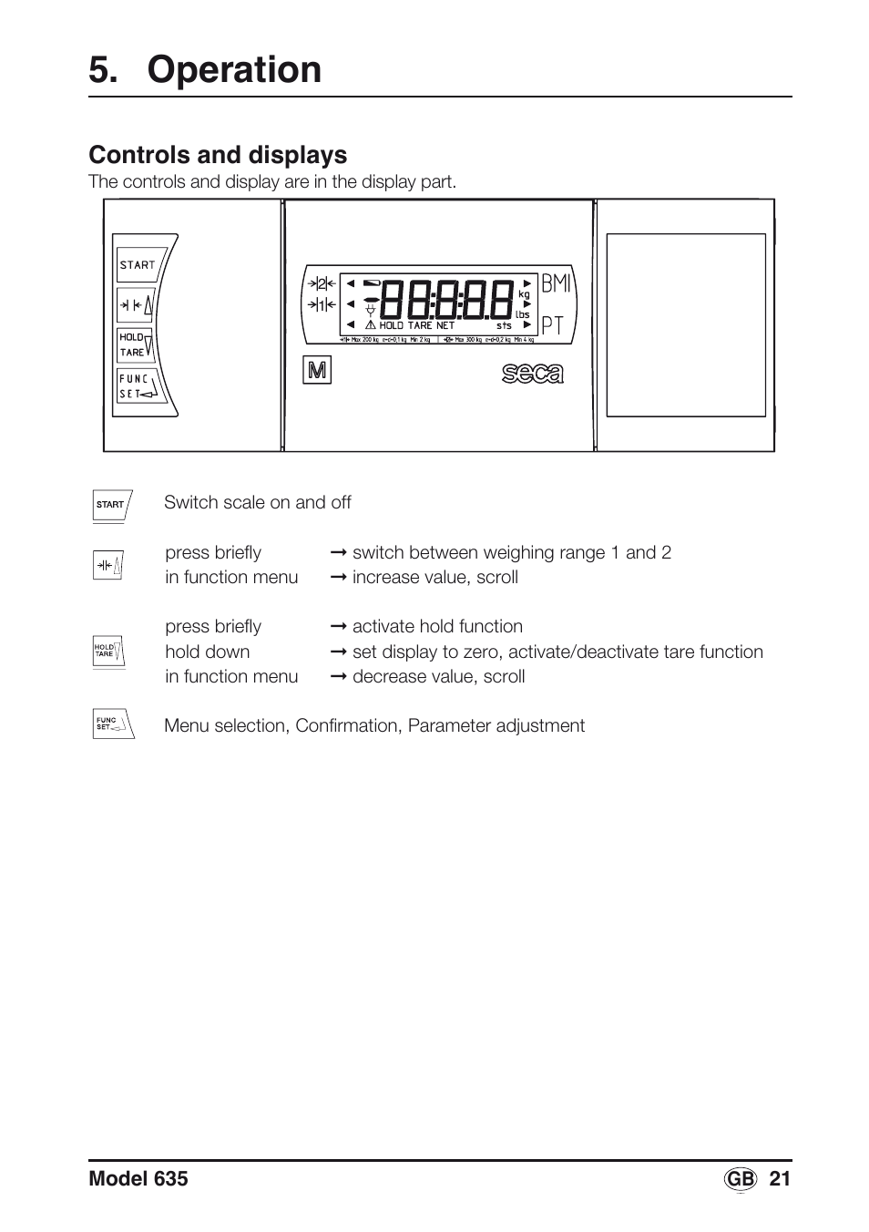 Operation, Controls and displays | Seca 635 User Manual | Page 21 / 188