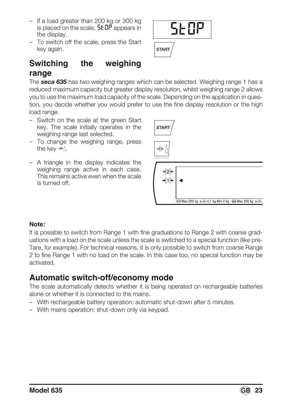 Switching the weighing range, Automatic switch-off/economy mode | Seca 635 User Manual | Page 23 / 188