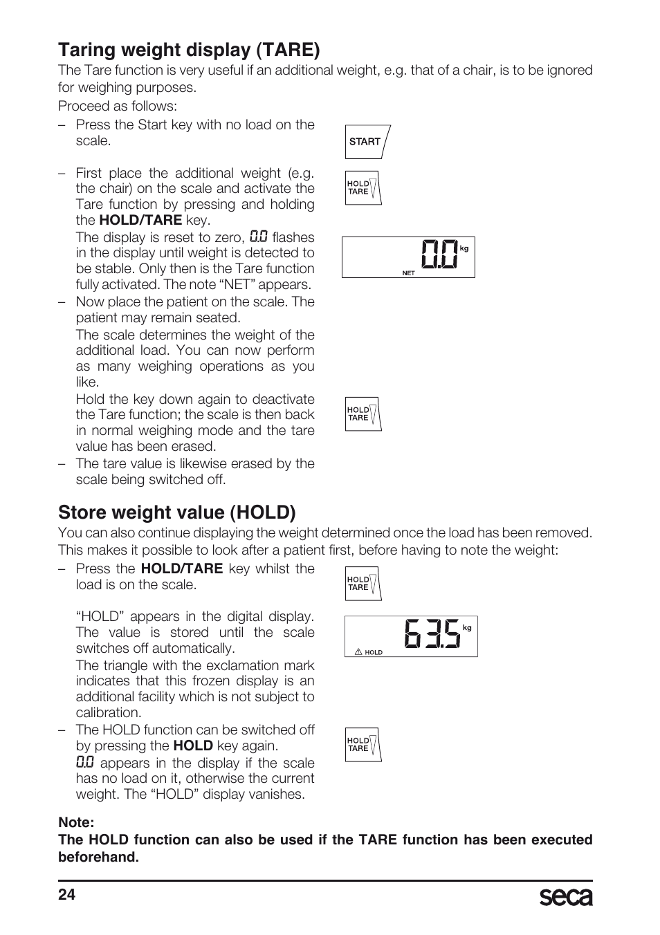 Taring weight display (tare), Store weight value (hold) | Seca 635 User Manual | Page 24 / 188