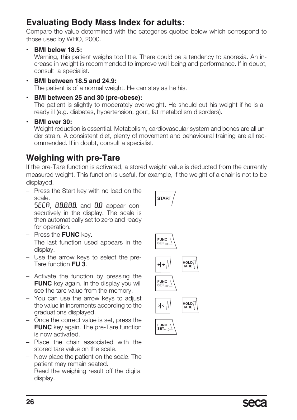 Evaluating body mass index for adults, Weighing with pre-tare | Seca 635 User Manual | Page 26 / 188