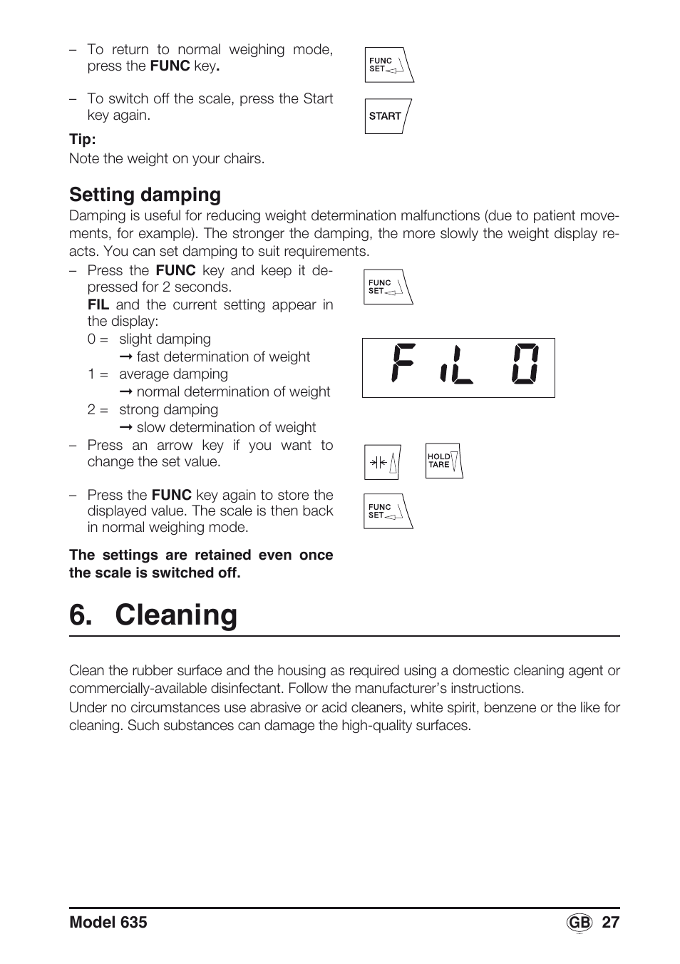 Setting damping, Cleaning | Seca 635 User Manual | Page 27 / 188